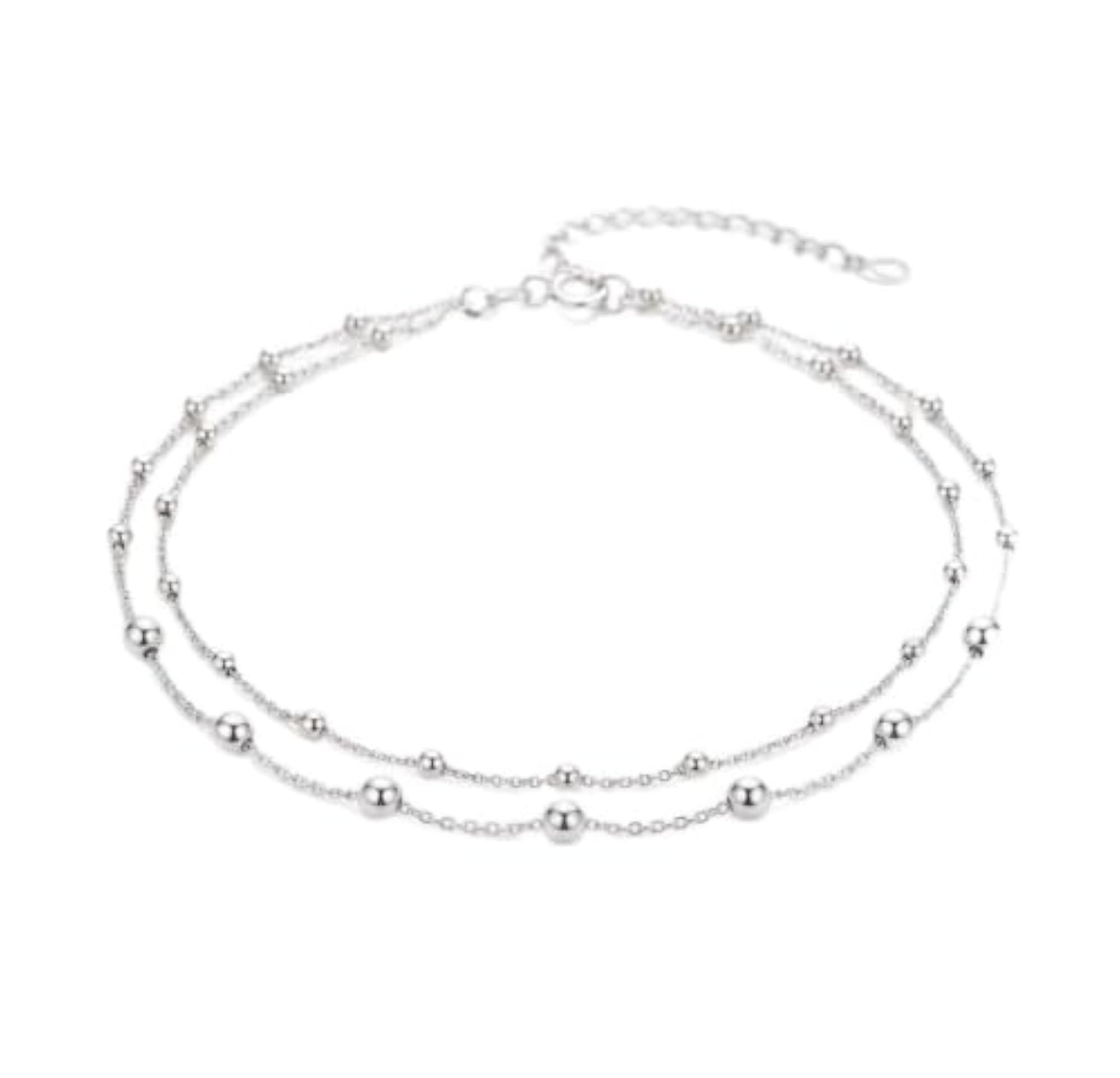 Double Layer Silver Beaded Chain Anklet with Adjustable Clasp