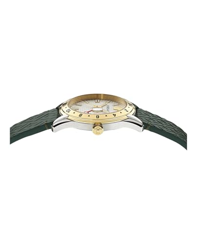 Versace Greca Time GMT Collection Luxury Mens Watch Timepieces with a Green Strap Featuring a Two Tone Case and a Silver Dial2