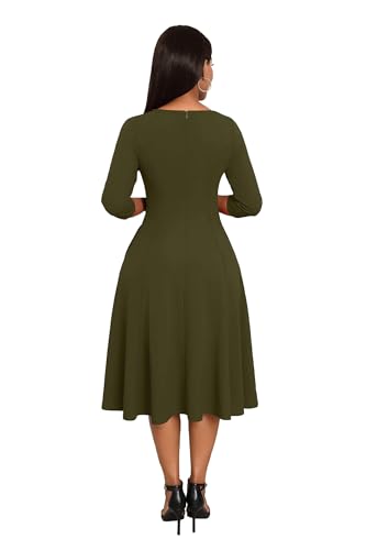 Image of Nmoder Midi Dresses for Women A-Line Fit and Flare Dress 3 /4 Sleeve V Neck Cocktail Wedding Guest Work Dress with Pockets