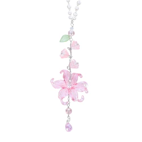 LuneClat Lily of The Valley Leaf Car Charm - Pink Waterlily Crystal Drop Floral Sun Catcher for Rear View Mirror Decor, Resin Flower Beads Cars Interior Hanging Accessory for Women Men
