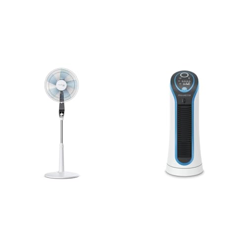 Rowenta VU5640 ventilador de pie Turbo Silence Extreme | 4 niveles de velocidad | Modo nocturno | Etapa turbo | Oscilación automática, gris/antracita/blanco y ventilador de torre compacto Eole VU6210