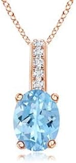 Angara Natural Oval Aquamarine Solitaire Pendant/Necklace with Diamond Bale in Sterling Silver/14K Solid Gold/Platinum for...