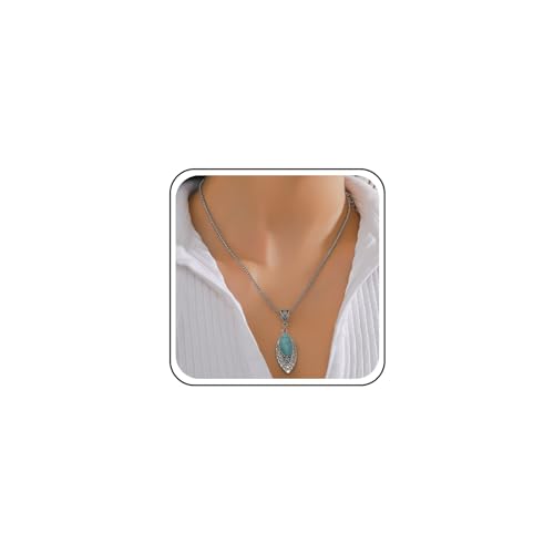 Cimenexe Gargantilla bohemia turquesa con colgante de piedra turquesa plateada, collar de cadena de filigrana hueca de piedra azul, collar de piedras preciosas naturales, joyería para mujeres y niñas,