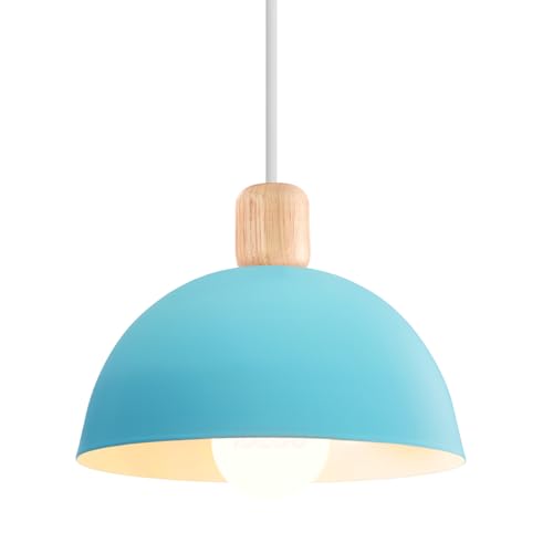 iDEGU Lampada a Sospensione Retrò 20CM LED Lampada a Soffitto in Legna Metallo Moderna Lampadario a Sospensione Stile Scandinavo a Semicerchio Lampada per Soggiorno Sala da Pranzo Camera da Letto(Blu)