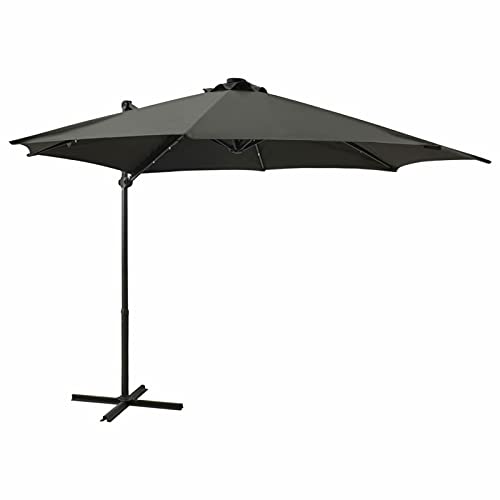 Rantry Ombrellone a sbalzo con palo e luci LED verde 300 cm Ombrellone da giardino Parasole eccentrico inclinabile con croce protezione solare per terrazza esterna, grigio, 300 cm