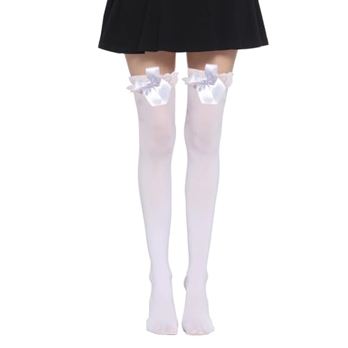 White Lace Knee High Socks with Bows,Cute Thigh High Sheer Stockings,Thin Over The Knee Lace Trim Socks for Women Big Girls