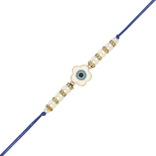 Image of I Jewels Hamsa Enamel Evil Eye Lumba Rakhi Set for Brother and Bhabhi with Roli Chawal and Rakshabandhan Card | Couple Rakhi