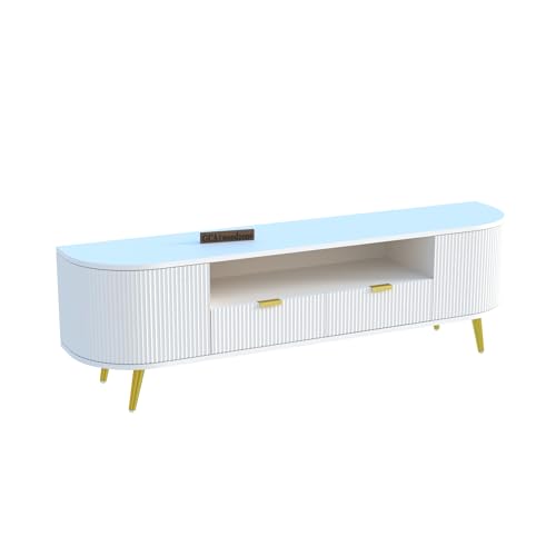 Image of 60L x 16W x 22H Inches Solid Wood TV Unit for Living Room | Modern TV Stand for 55-65 Inch TV | Free Standing Entertainment Cabinet with 2 Drawers (White)