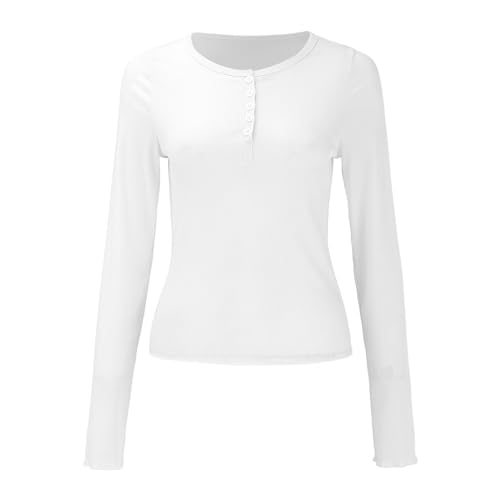 Camisetas de manga larga para mujer Henley Shirt Slim Fit acanalado cuello V manga larga camiseta con botones túnica mujer básico tops rayas camiseta interior casual, Blanco, M
