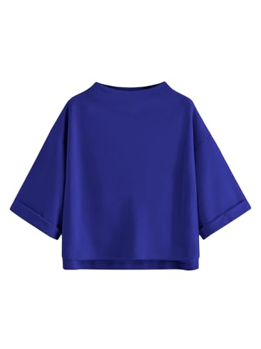 SweatyRocks Women's 3/4 Sleeve Mock Neck Basic Loose T-Shirt Elegant Top Navy X-Small