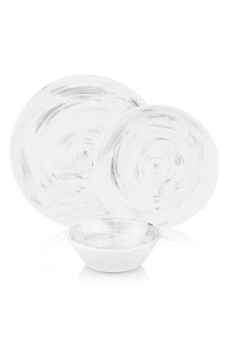 Vajilla elegante de 12 piezas, 100% porcelana. Consta de 4 platos (27 cm), 4 platos (20 cm) y 4 cuencos (15 cm). Apta para lavavajillas y microondas