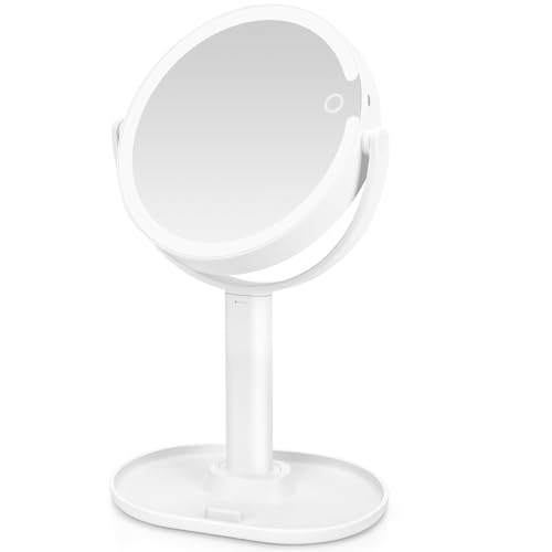 OWLKELA 1X/10X Magnifying Makeup Mirror with Light, 360°Rotating Rechargeable Mirror with Adjustable Brightness, 3-Color Dimmable Touch Screen, Detachable Vanity Mirror for Bedroom, Bathroom, Travel