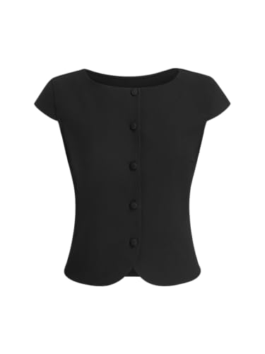 CIDER Womens Tops Going Out Tops Button Up Short Sleeve Top Boat Neck Blouse Elegant Regular Fit Top