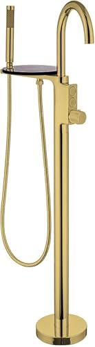 Grifo Bañera Exenta, Grifería Exenta de Bañera, Juego de ducha con grifo de suelo de doble control con repisa y botón, grifo empotrado tipo caja(Gold)