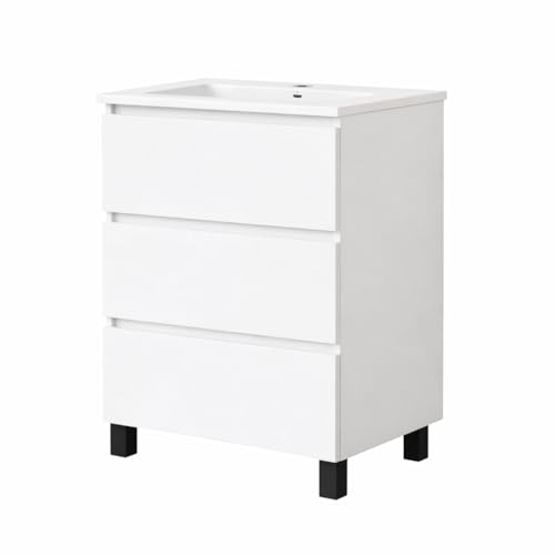 Baikal Mueble de Baño REN. Mueble MONTADO. 3 Cajones con Patas Negras. Armario de Baño. Lavabo Ceramico. Cierre Amortiguado. Altura 75cm. 70cm Blanco.