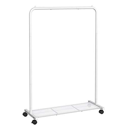 SONGMICS Clothes Rack on Wheels, Single-Rail Metal Garment Rack, with Storage Shelf, Top Rail Holds up to 40 kg, White HSR025W01