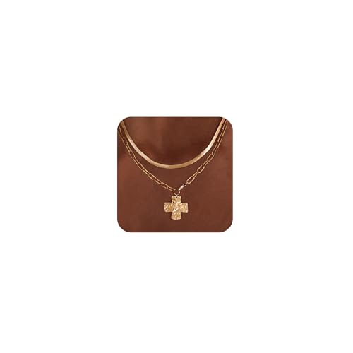 Moodear Chunky Cross Necklace for Women - Trendy 14K Gold Plated/Silver Statement Crucifix Pendant Necklaces Layered Non Tarnish Paperclip Charm Chain Snake Herringbone Choker Easter Jewelry Gift