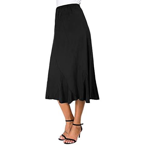 EXCHIC Women's Elegant Ankle Length Ruffle Hem Elastic Waist Midi Skirt (M, Black) Cover