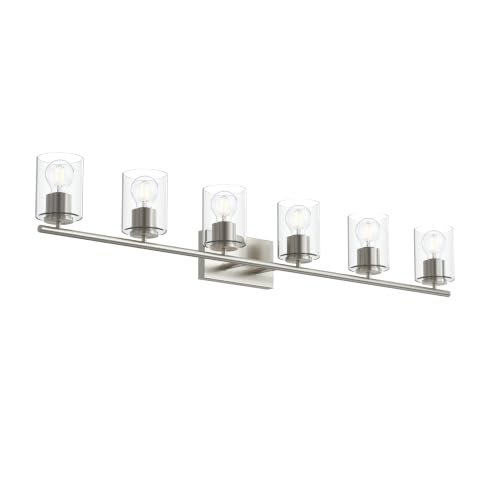 Image of Progress Lighting Replay 48 Inch 6-Light Vanity Light, Transitional, Brushed Nickel with Clear Glass Shades, (7.875 inch H x 48 inch W x 6 inch D), P300585-009