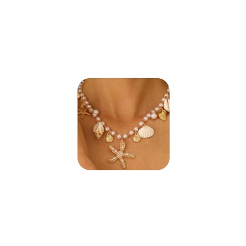 Charming Beachy Sea Shell Star Starfish Choker Necklace for Women, Dainty Boho Beaded Pearl Seashell Conch Necklaces Cute Beach Holiday Jewelry Accessories