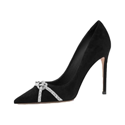 Escarpins à talons aiguilles en daim noir avec nœud élégant et strass