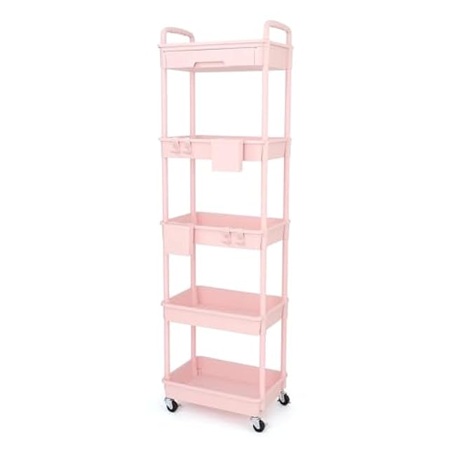 ´¢Îï³µ 5 Tier Rolling Utility Cart with Drawer,with Drawer & Extended Poles,with Plastic Shelf & Lockable Wheels,Smooth Mobility(Color77)-ZyTOme37