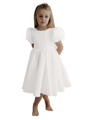 Satin Flower Girl Dress Bow-Knot White Wedding V-Back Ball Gowns Toddler Puff Sleeve Evening Birthday Pageant Long Dress 2T