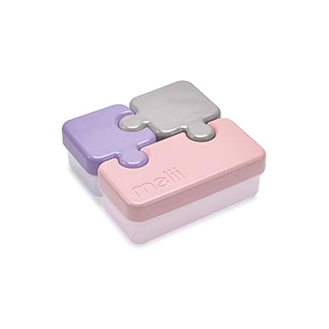 melii Puzzle Bento Box Food Storage Container - 3 Compartments (Pink, Purple & Grey) Cover