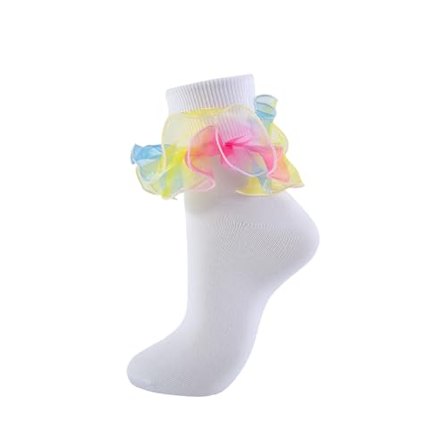Image of Women Big Ruffle Ankle Socks Adult Double Lace Frilly Socks Fold Cuff Cotton Ruffled Dress Crew Bobby Bride Sock