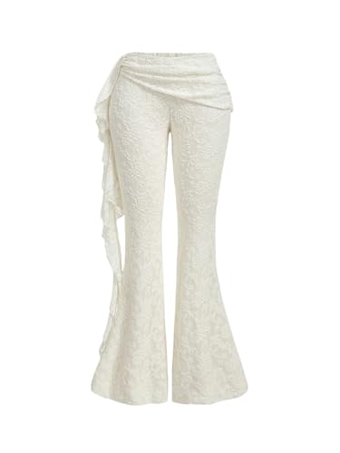 Floerns Women's Floral Lace Bell Bottom Pants Ruched Ruffle Low Waist Flared Trousers
