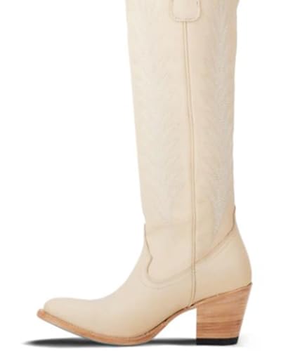 Lane Womens Jentry Knee High Embroidered Round Toe Casual Boots Knee High Mid Heel 2-3" - Off White3