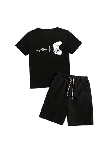 Image of SOLY HUX Boy's Letter Graphic Short Sleeve Tee Shirt and Drawstring Waist Shorts Set 2 Piece Outfit