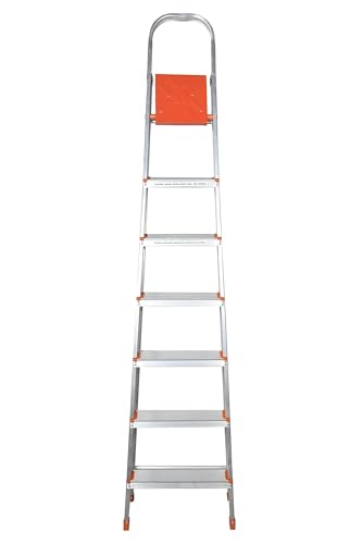 Image of Casa Copenhagen Designed in Denmark, 7-Step Foldable Aluminium Ladder Laser Cut with Super Advance Sure-Hinge Technology,7 Years Warranty - Orange