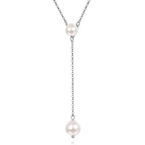 PRAYMOS Pearl Necklace for Women Sterling Silver Simple Fashion Trendy Dainty Pearl Necklace Long Pearls Necklace Pearl Jewelry Gifts …