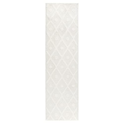 Antep Rugs Palafito 2x10 Geometric Shag Diamond High-Low Pile Textured Indoor Runner Rug (White, 2' x 10')