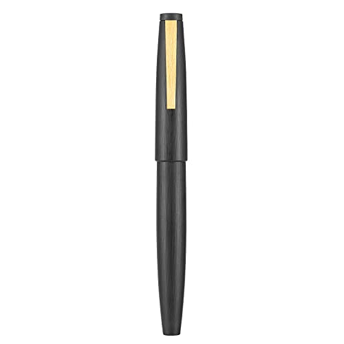 Jinhao 80 Black Fiber Brushed Fountain Pen, Extra Fine Nib with Converter and Small Pen Bag Set (Golden Clip)