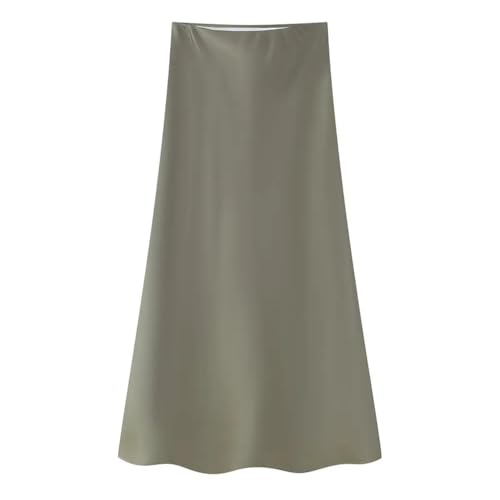 Woman Satin High Waist Midi Skirts Solid Slim Fit Elastic Waistband Simple A-Line Long Skirt2