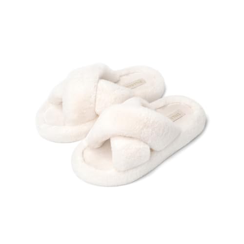 Image of SOULROSE Womens Slipper Open Toe Fuzzy House Slippers for Woman Platform Indoor Outdoor Cross Band Slippers with Anti-Slip Sole Furry Bedroom Memory Foam Gift Shoes