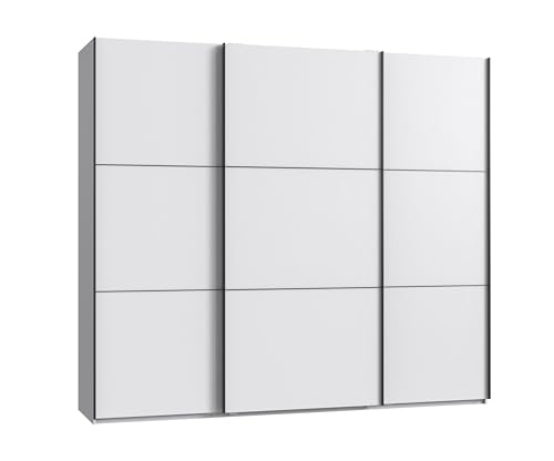 Schwebetürenschrank 3-türig B250/H216/T65 cm in Weiß mit schwarzen Griffleisten, inkl. Selbsteinzug, Kleiderschrank mit Einlegeböden, Kleiderstangen, Schubladen, Wäscheeinteilung / 22010 Schwebetürenschrank 3-türig B250/H216/T65 cm in Weiß mit schwarzen Griffleisten, inkl. Selbsteinzug, Kleiderschrank mit Einlegeböden, Kleiderstangen, Schubladen, Wäscheeinteilung / 22010