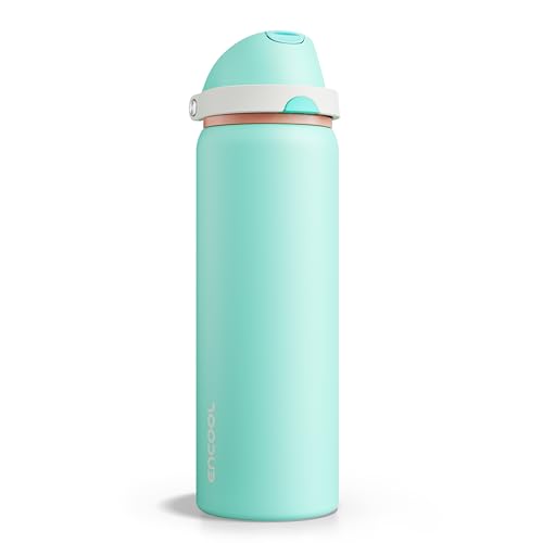 Image of Insulated Water Bottle with Straw - Encool Stainless Steel Water Bottle with Push Button Lid, Leak-Proof & BPA-Free, Keeps Cold for 24 Hours for Sports, Travel, Gym (32 oz, Turquoise)