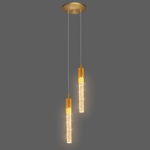 Image of Crystal Bubble Column Pendant Lamp 3000K LED Pendant Light Fixtures, Iron Art Hanging Ceiling Lamp Contemporary Tube Pendant Lighting for Living Room, Dining Room, Bedroom, Stairs (2-light Gold)