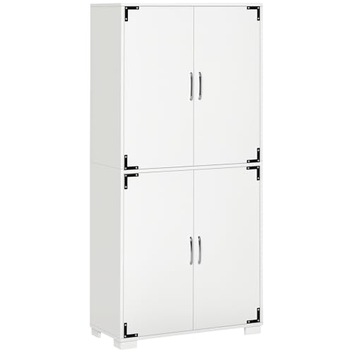 Image of HOMCOM Industrial Kitchen Pantry Cabinet with 4 Doors and Storage Shelves, Freestanding Storage Cabinet, White