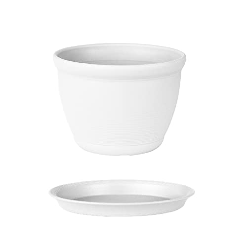 Bakkeny Maceta de resina engrosada con bandeja de plástico, redonda, suministros de jardín, suculentas, macetero, blanco