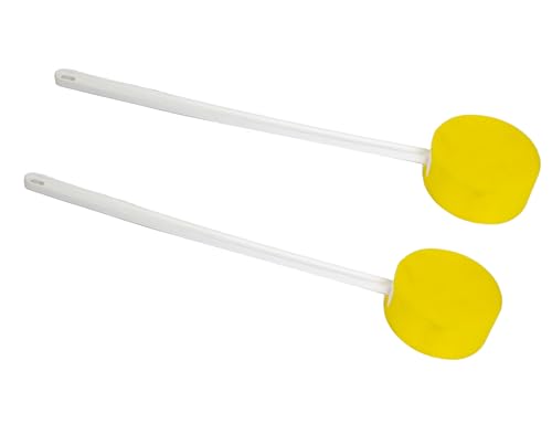 Essential Medical Supply Deluxe 2 Pack of Round Bath and Shower Sponges with 20 Long Plastic Handle and Hanging Hook - Extra Long Handle to Get to Hard to Reach Areas While Showering and Bathing