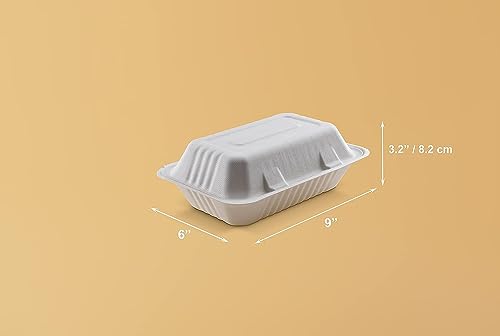 FOOGO Green 50 Stück umweltfreundliche Clamshell-Verpackungsboxen, 9x6 Zoll, 32oz / 900ml, hergestellt aus natürlicher Zuckerrohrpulpe, Einweg-Verpackungsbehälter, kompostierbar, biologisch abbaubar