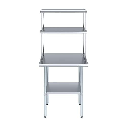 Image of AmGood Stainless Steel Work Table with 12 inch Wide Double Tier Overshelf | NSF Stainless Steel Table with Double Overshelves, 30 inch Long x 18 inch Deep