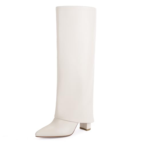 Image of Knee High Boots Women Fold Over Boots Chunky Heel Pointed Toe Tall Boots | Fashion Slouchy Boots,Side Zipper Shark Boots,Fall Spring Winter Fashion Dress Tall Boots,Evening Bridal office Long Boots