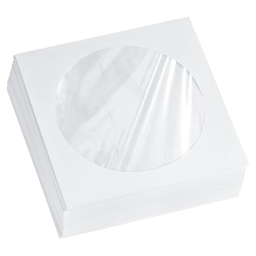 Yoodelife Thick White Paper CD DVD Disc Sleeves Envelope with Clear Window and Flap 100gsm CD Sleeve Cases Paper Envelopes Holder for Media Storage Pack of 50