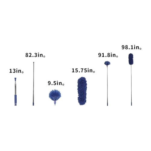 Cobweb Duster with Extension Pole, Washable Cleaning Duster Kit with 2 Duster Heads, Cobweb Duster, Corner Brush, Aluminum Telescoping Pole for Ceiling Fan (Blue)