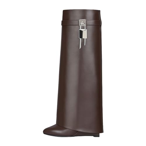 keleimusi Fold Over Wedge Boots Heeled PadLock Pant Knee High Shoes Tall/Short Booties Ebony Brown